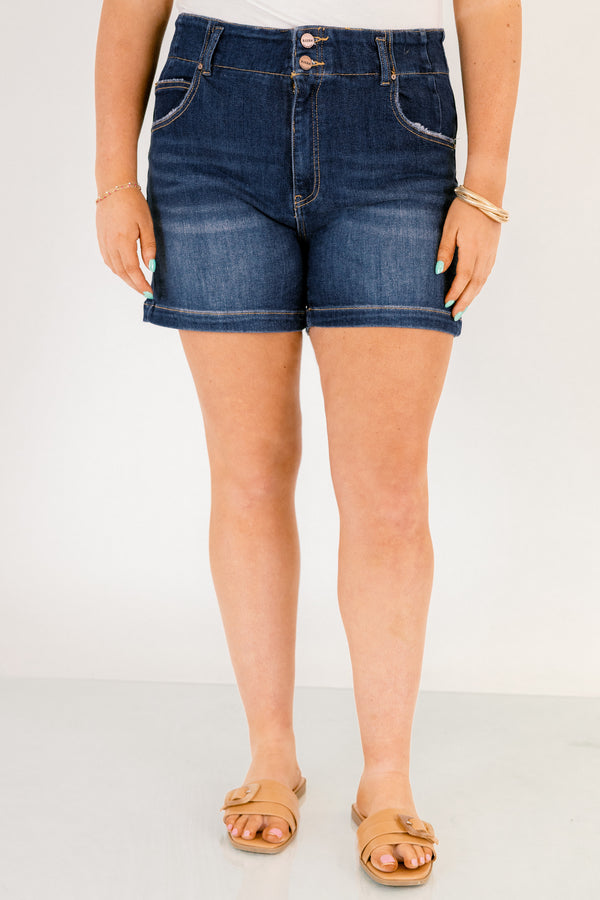 Chic Soul plus size clothing, dark wash mid thigh length blue jean shorts with double button closure