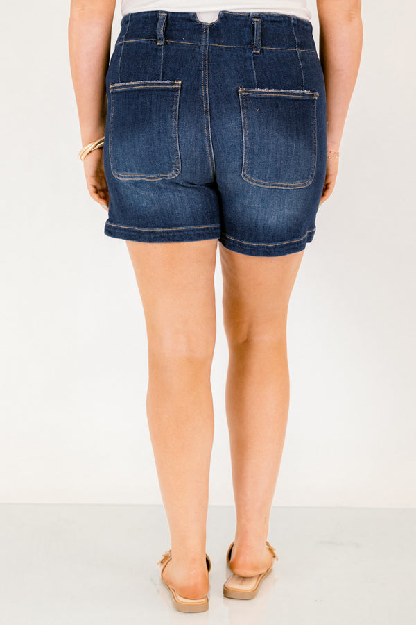 Chic Soul plus size clothing, dark wash mid thigh length blue jean shorts with double button closure