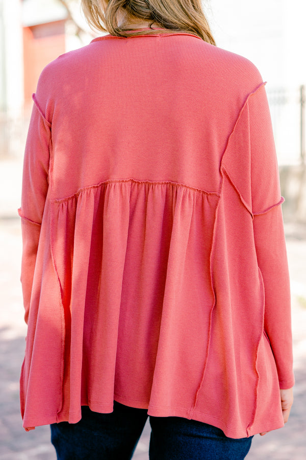 Chic Soul Plus size clothing, dusty pink long sleeve top with distressed stitching details 
