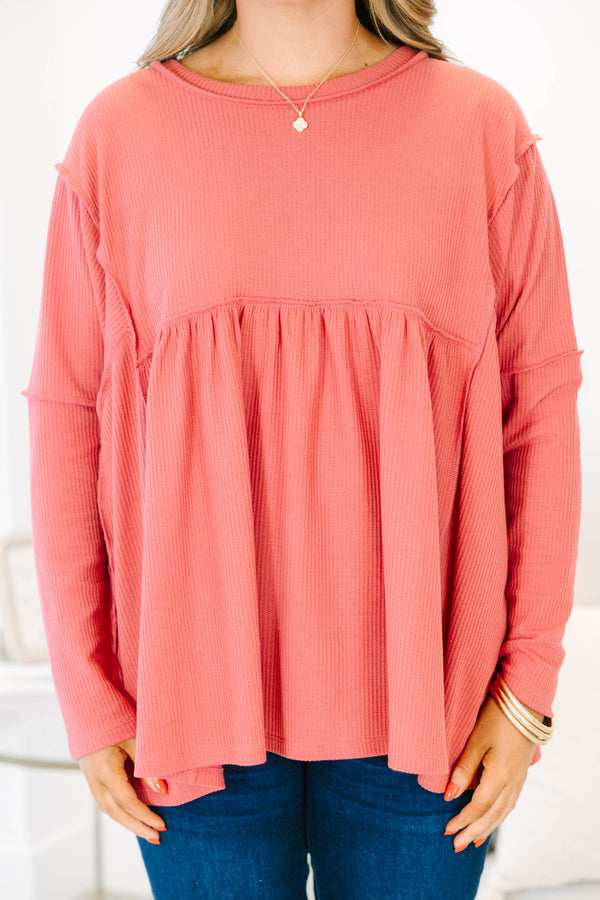 Chic Soul Plus size clothing, dusty pink long sleeve top with distressed stitching details 
