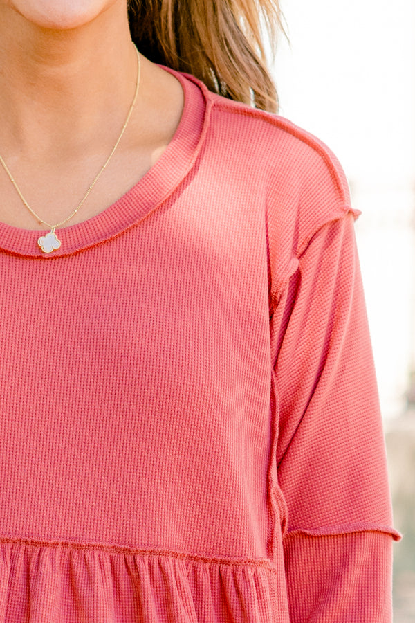 Chic Soul Plus size clothing, dusty pink long sleeve top with distressed stitching details 
