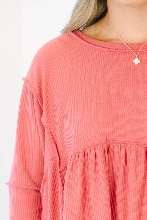 Chic Soul Plus size clothing, dusty pink long sleeve top with distressed stitching details 
