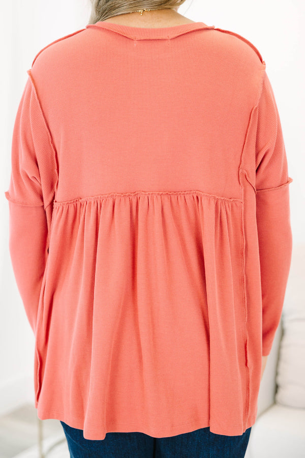 Chic Soul Plus size clothing, dusty pink long sleeve top with distressed stitching details 