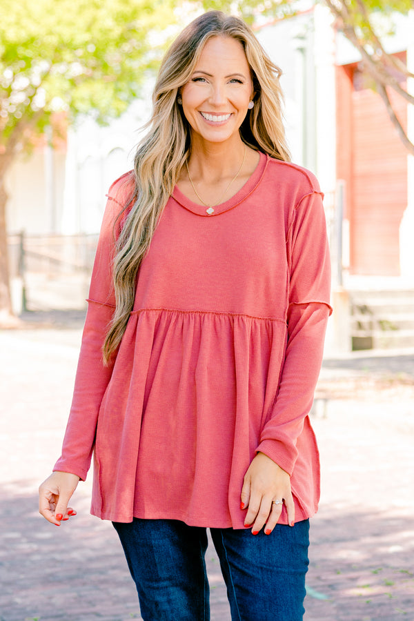 Chic Soul Plus size clothing, dusty pink long sleeve top with distressed stitching details 
