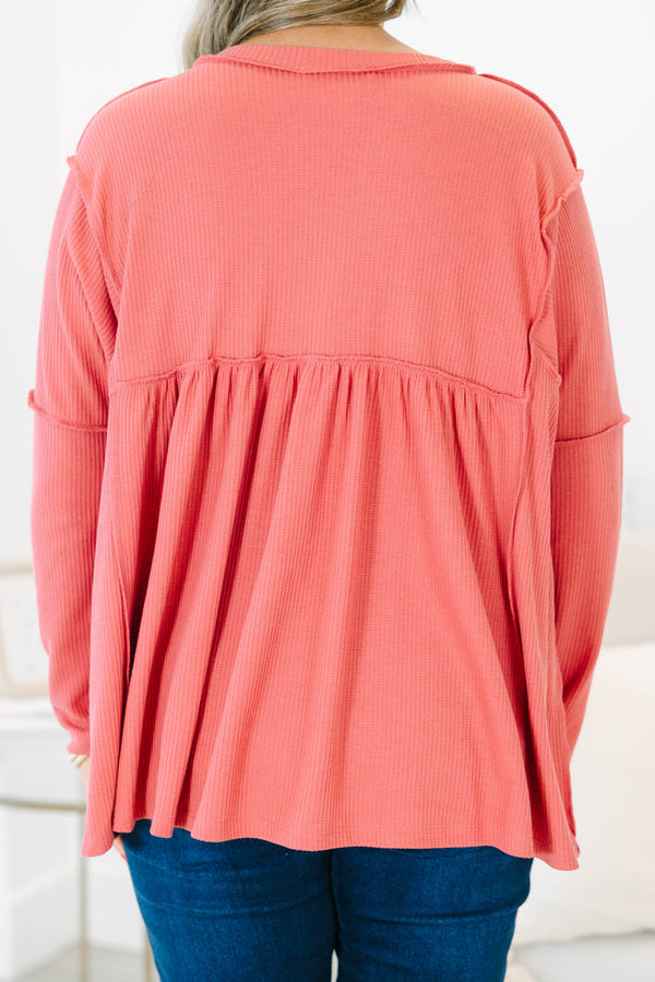 Chic Soul Plus size clothing, dusty pink long sleeve top with distressed stitching details 