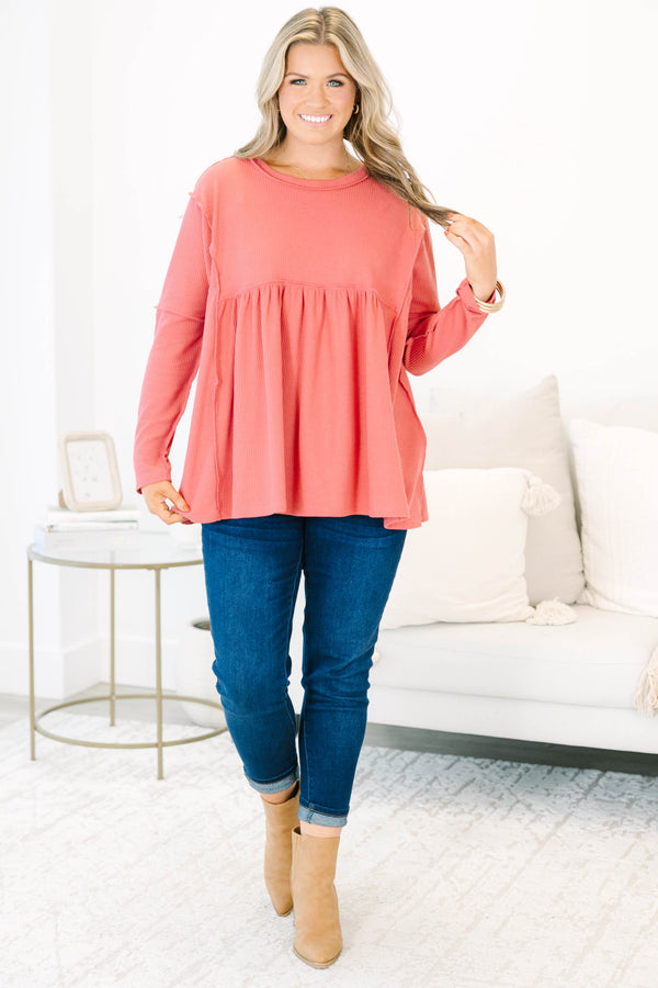 Chic Soul Plus size clothing, dusty pink long sleeve top with distressed stitching details 