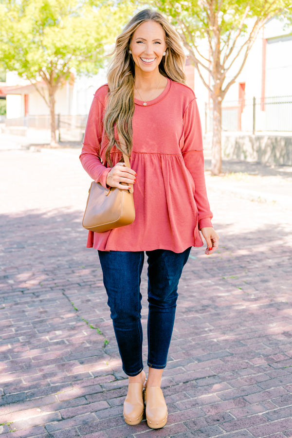 Chic Soul Plus size clothing, dusty pink long sleeve top with distressed stitching details 
