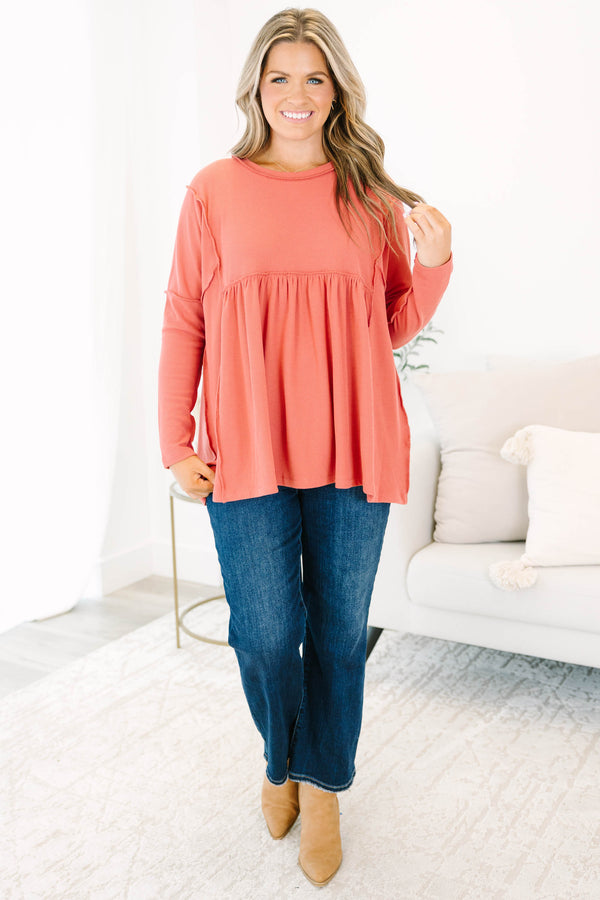 Chic Soul Plus size clothing, dusty pink long sleeve top with distressed stitching details 