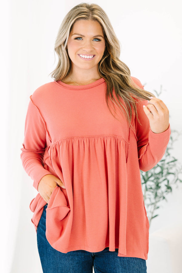 Chic Soul Plus size clothing, dusty pink long sleeve top with distressed stitching details 