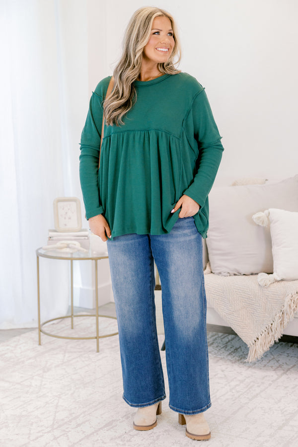 Chic Soul plus size clothing, dark green long sleeve baby doll top