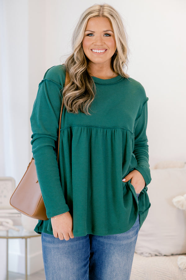 Chic Soul plus size clothing, dark green long sleeve baby doll top