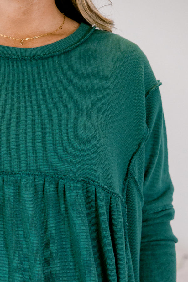 Chic Soul plus size clothing, dark green long sleeve baby doll top