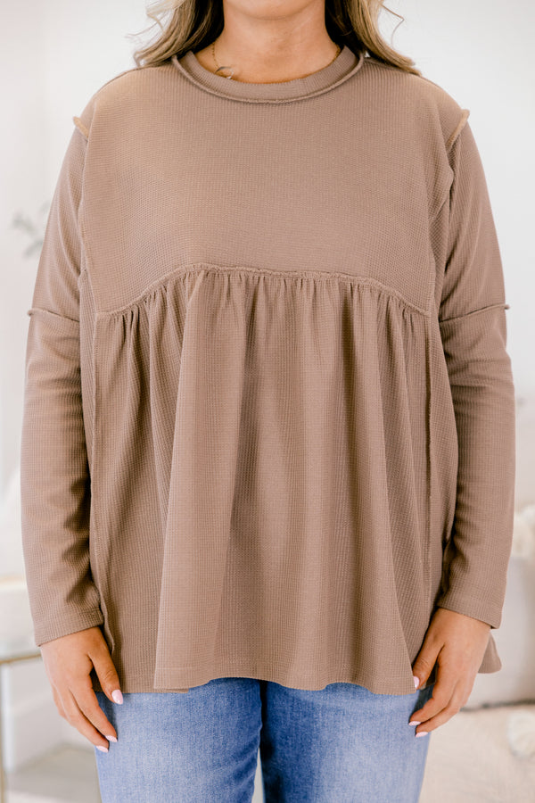 Chic Soul plus size clothing, mocha micro waffle knit babydoll top with exposed seam details