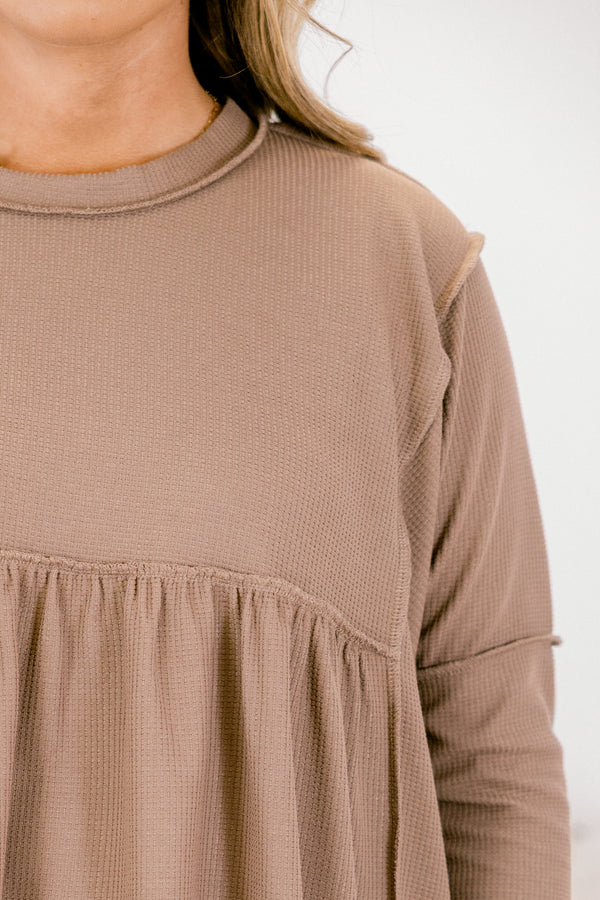 Chic Soul plus size clothing, mocha micro waffle knit babydoll top with exposed seam details