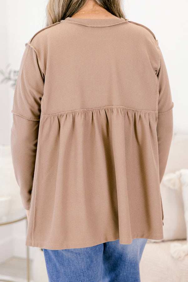 Chic Soul plus size clothing, mocha micro waffle knit babydoll top with exposed seam details