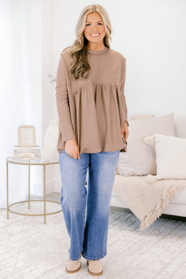 Chic Soul plus size clothing, mocha micro waffle knit babydoll top with exposed seam details