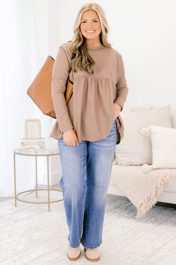 Chic Soul plus size clothing, mocha micro waffle knit babydoll top with exposed seam details