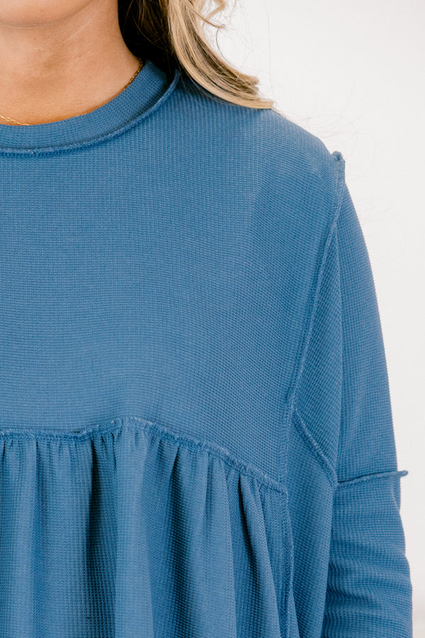 Chic Soul plus size clothing, navy micro waffle knit babydoll top with exposed seam details