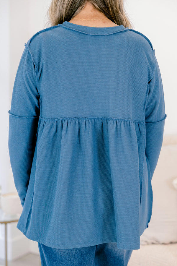 Chic Soul plus size clothing, navy micro waffle knit babydoll top with exposed seam details