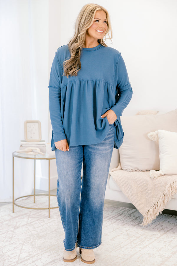 Chic Soul plus size clothing, navy micro waffle knit babydoll top with exposed seam details