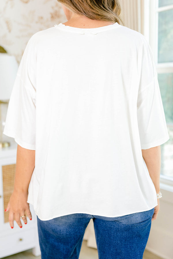 Chic Soul plus size clothing, white short sleeve graphic tee with saying 