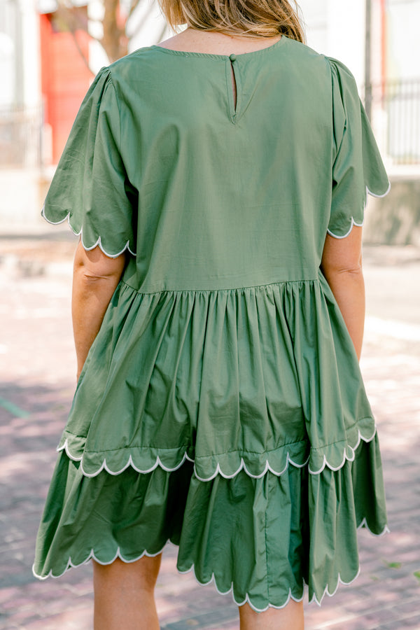 Chic Soul plus size clothing, olive short sleeve babydoll dress with scallop trim on sleeves and bottom of the dress