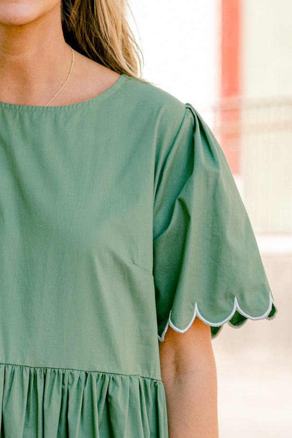Chic Soul plus size clothing, olive short sleeve babydoll dress with scallop trim on sleeves and bottom of the dress