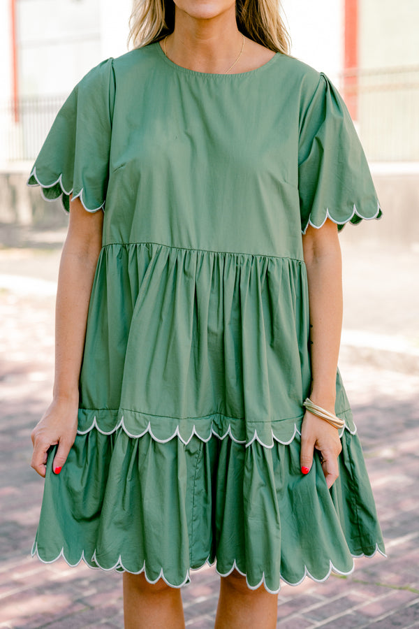 Chic Soul plus size clothing, olive short sleeve babydoll dress with scallop trim on sleeves and bottom of the dress