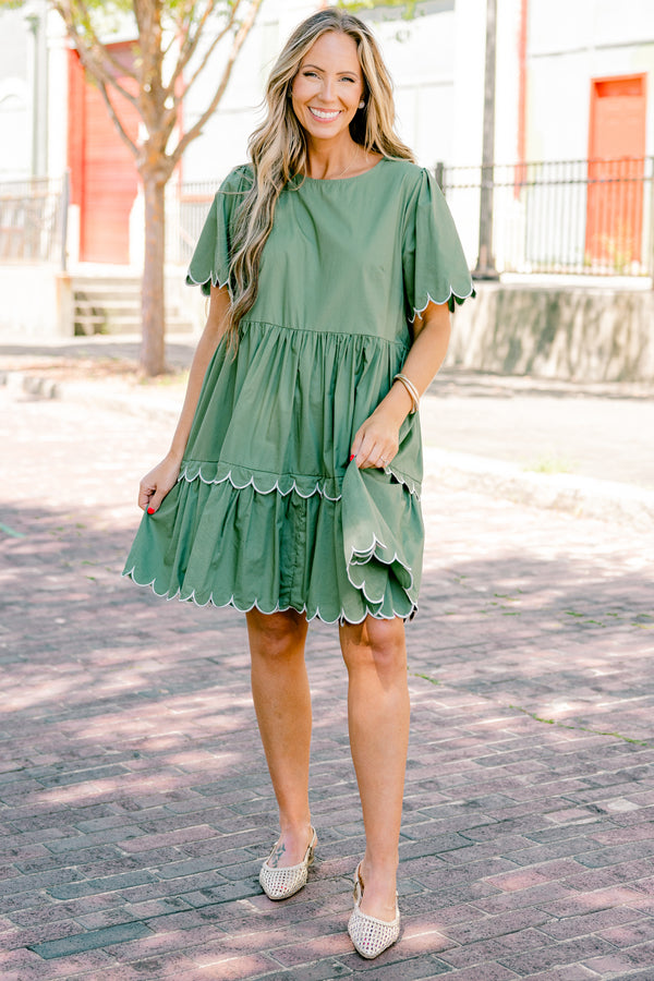 Chic Soul plus size clothing, olive short sleeve babydoll dress with scallop trim on sleeves and bottom of the dress