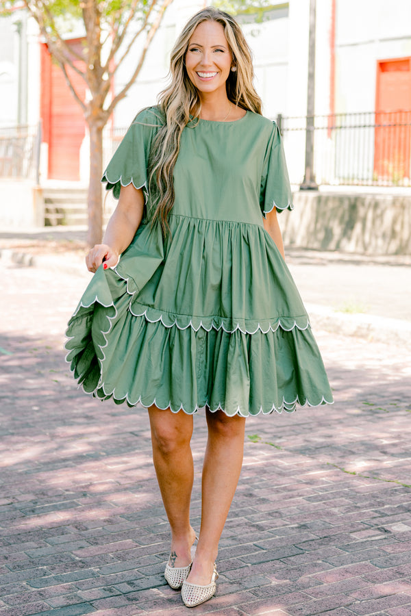 Chic Soul plus size clothing, olive short sleeve babydoll dress with scallop trim on sleeves and bottom of the dress