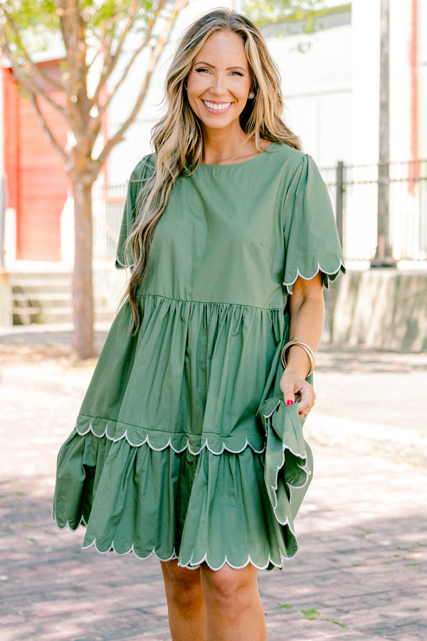 Chic Soul plus size clothing, olive short sleeve babydoll dress with scallop trim on sleeves and bottom of the dress