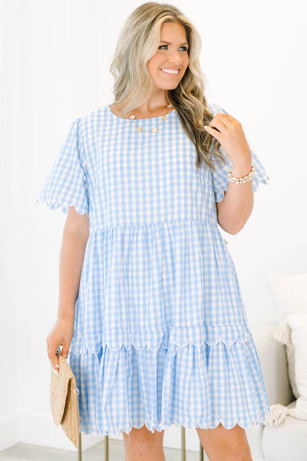 Plus size blue and white plaid scalloped hem and flowy fit tiered dress