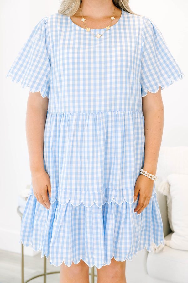 Plus size blue and white plaid scalloped hem and flowy fit tiered dress