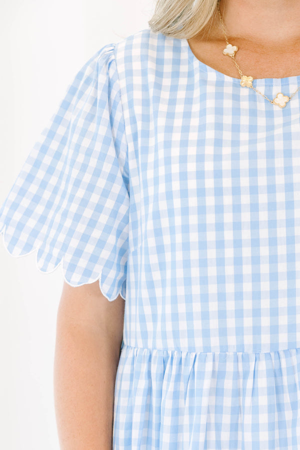 Plus size blue and white plaid scalloped hem and flowy fit tiered dress