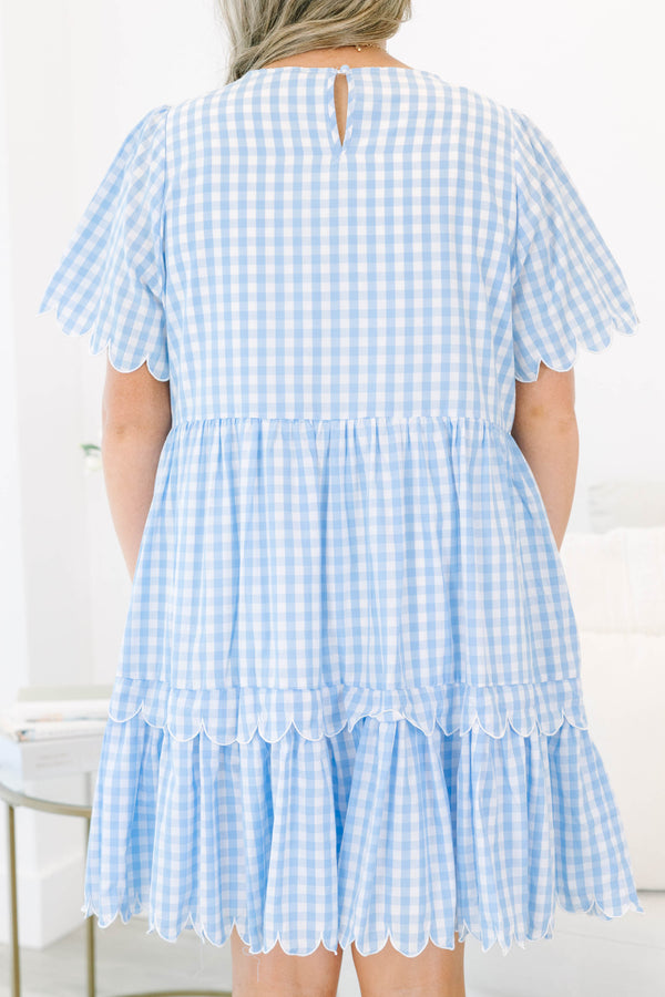 Plus size blue and white plaid scalloped hem and flowy fit tiered dress