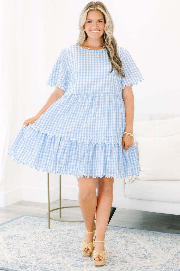Plus size blue and white plaid scalloped hem and flowy fit tiered dress