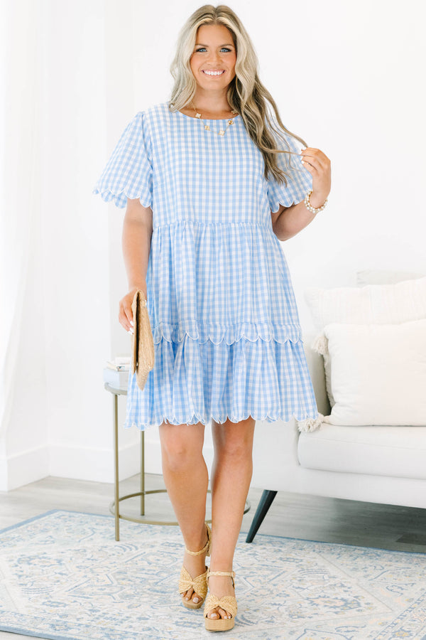 Plus size blue and white plaid scalloped hem and flowy fit tiered dress