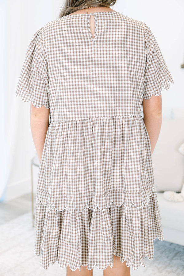 Plus size clothing, brown gingham babydoll dress with scallop detail on sleeves and hem line