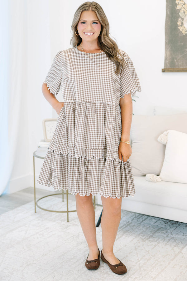 Plus size clothing, brown gingham babydoll dress with scallop detail on sleeves and hem line