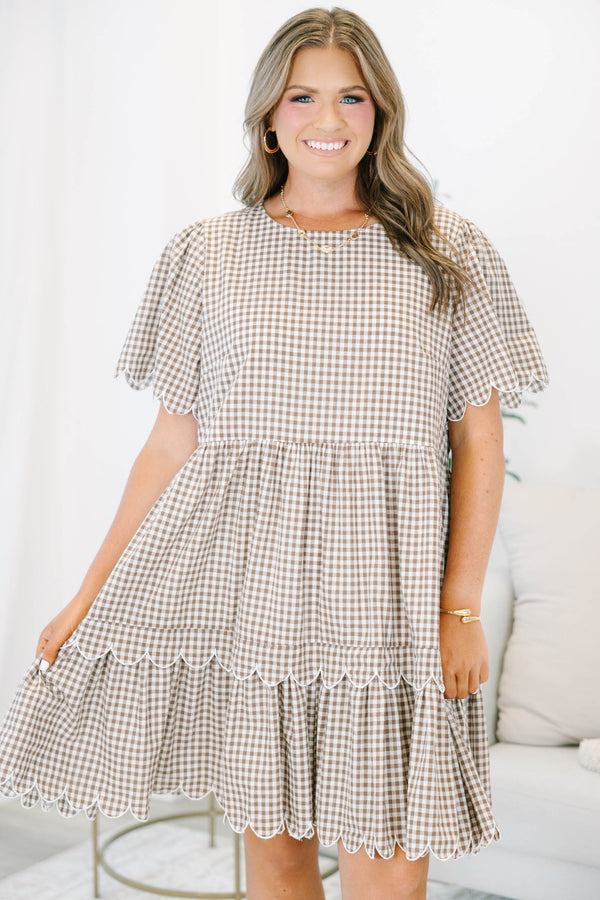 Plus size clothing, brown gingham babydoll dress with scallop detail on sleeves and hem line