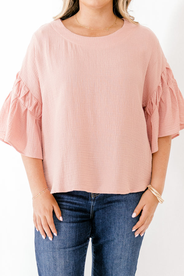 Chic Soul plus size clothing, ruffled short-sleeve blush pink top with scoop-neckline 