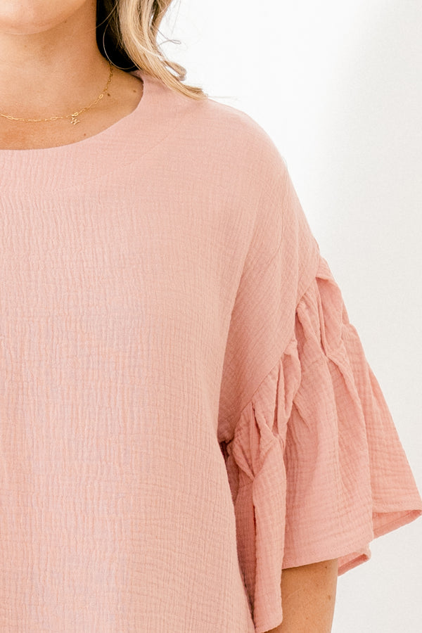 Chic Soul plus size clothing, ruffled short-sleeve blush pink top with scoop-neckline 