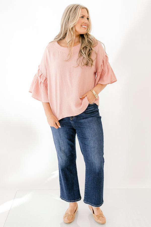 Chic Soul plus size clothing, ruffled short-sleeve blush pink top with scoop-neckline 