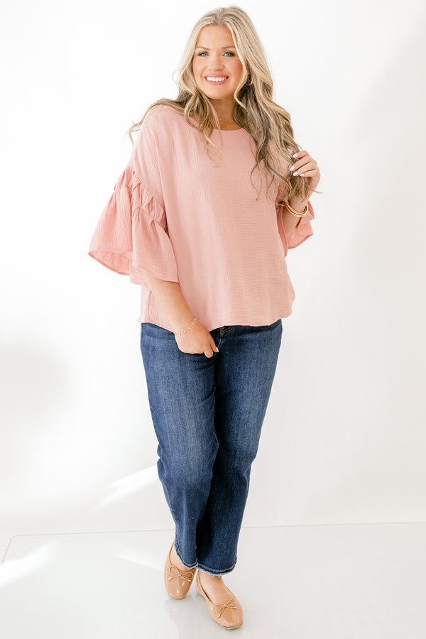 Chic Soul plus size clothing, ruffled short-sleeve blush pink top with scoop-neckline 