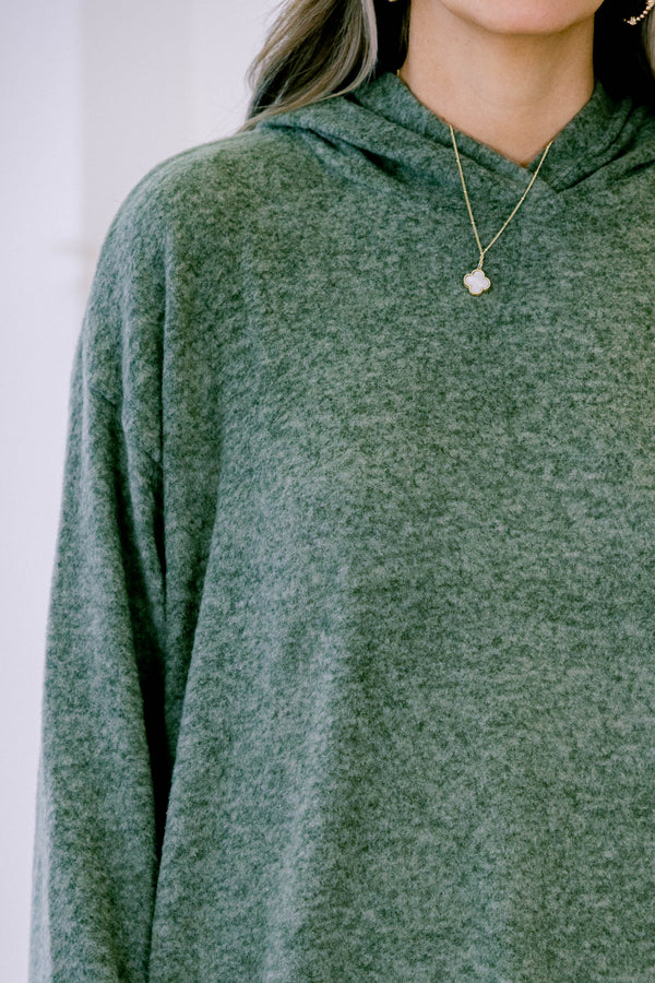 Chic Soul plus size clothing, solid dark olive long sleeve hoodie pullover top