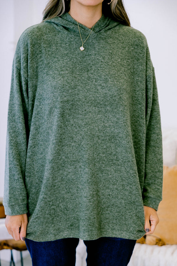 Chic Soul plus size clothing, solid dark olive long sleeve hoodie pullover top