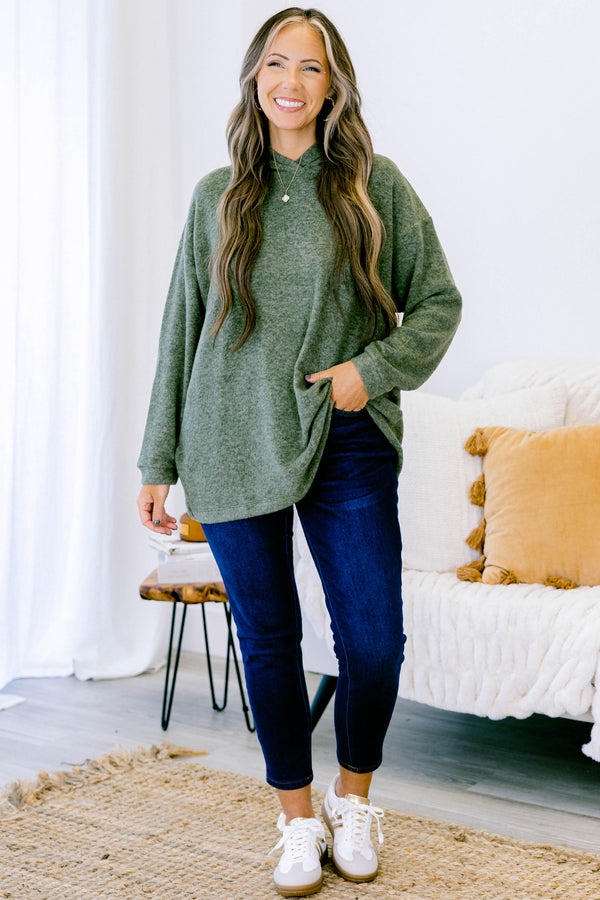 Chic Soul plus size clothing, solid dark olive long sleeve hoodie pullover top