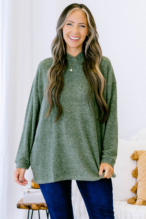 Chic Soul plus size clothing, solid dark olive long sleeve hoodie pullover top