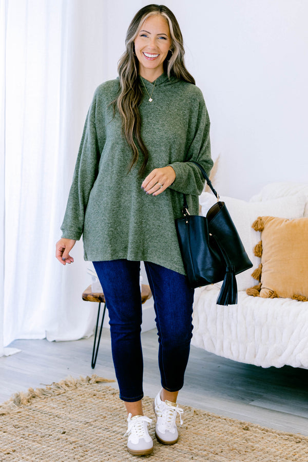 Chic Soul plus size clothing, solid dark olive long sleeve hoodie pullover top