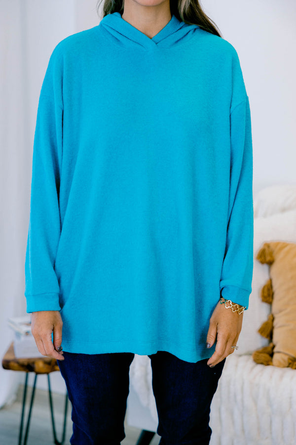 Chic Soul plus size clothing, light teal long sleeve hoodie pullover top